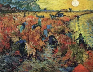 Vincent van Gogh, La vigna rossa (1888, attualmente a Mosca). Van Gogh racconta coi pennelli l’incontro autunnale dei colori, la gioia e il canto di chi ha il privilegio di gustare la festa della vendemmia.